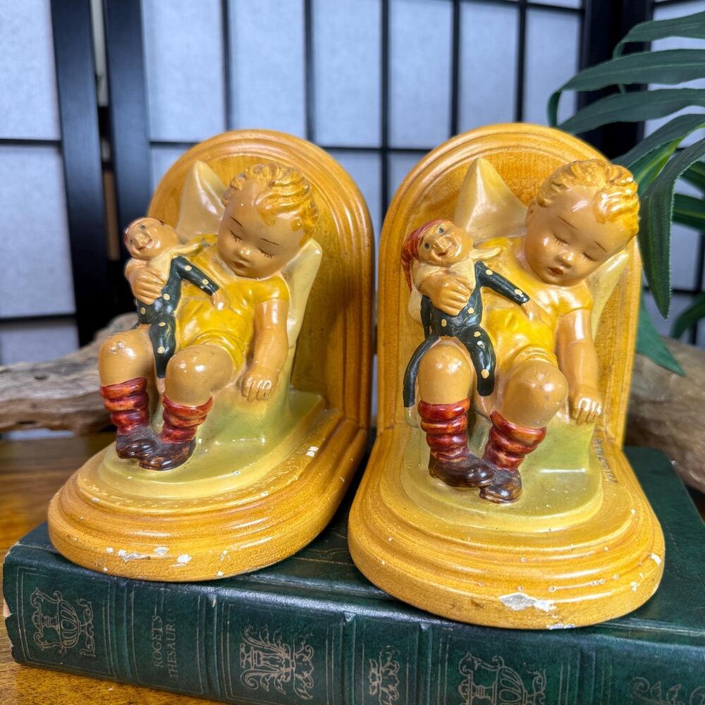 Vintage Hummel Bookends Figurine Set of Little Boy Napping with Toy Doll